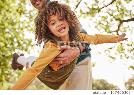 Dad, child and plan game in park, outdoor and nature on holiday, freedom or care with bonding. Excited young kid, father and swing for airplane, fast and free with play on vacation in summer sunshine 137466305