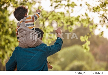 Piggyback, relax and father with child in park for support, playful and games. Love, freedom and adventure with man carrying baby in nature for family, summer and vacation together with mockup space Piggyback, relax and father with child in park for support, playful and games. Love, freedom and adventure with man carrying baby in nature for family, summer and vacation together with mockup space 137466312