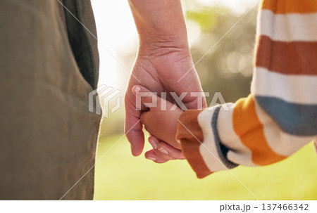 Parent, child and holding hands for walking in park for support, trust and care together or bonding in nature. Love, comfort and mother help kid in the morning sunshine with kindness on weekend Parent, child and holding hands for walking in park for support, trust and care together or bonding in nature. Love, comfort and mother help kid in the morning sunshine with kindness on weekend 137466342