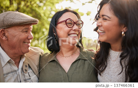Nature, mature parents and daughter laughing at funny comedy, park humour and joke with mother, father or old people. Love, face and happy family woman, mom and cheerful dad with love, trust and care Nature, mature parents and daughter laughing at funny comedy, park humour and joke with mother, father or old people. Love, face and happy family woman, mom and cheerful dad with love, trust and care 137466361