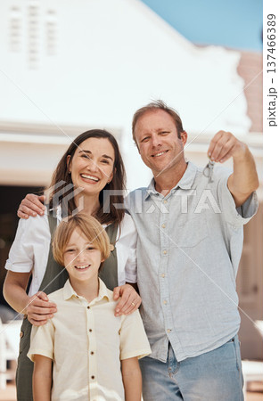 Happy family, portrait and keys in real estate, new home or property investment together. Excited father, mother and child smile in happiness for building finance, moving in or buying apartment 137466389