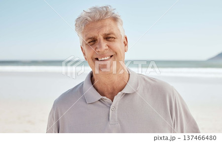 Portrait, beach and old man with retirement, happy and travel with summer vacation, Canada and wellness. Face, senior person or traveler on seaside holiday, weekend break or relax with peace or smile Portrait, beach and old man with retirement, happy and travel with summer vacation, Canada and wellness. Face, senior person or traveler on seaside holiday, weekend break or relax with peace or smile 137466480