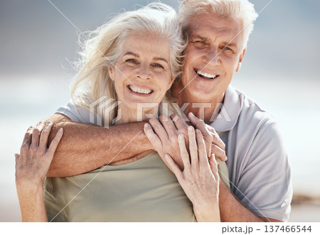 Beach portrait, hug and senior happy couple relax for outdoor wellness, nature freedom or travel holiday. Love, care and elderly woman, old man or marriage people hugging on romantic vacation date 137466544