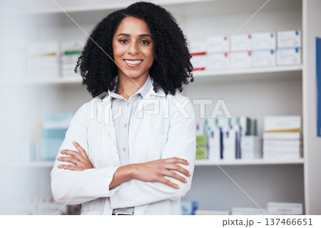 Pharmacy, crossed arms and portrait of black woman for medical service, wellness and medicine. Healthcare, pharmaceutical and happy pharmacist in drug store for medication, consulting and career 137466651