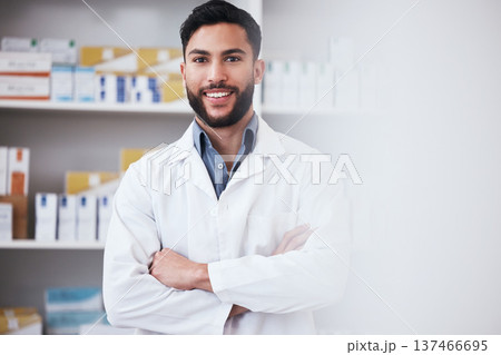 Pharmacy, crossed arms and portrait of man for medical service, medicine and wellness. Healthcare, pharmaceutical and happy pharmacist in drug store for medication, consulting and clinic career Pharmacy, crossed arms and portrait of man for medical service, medicine and wellness. Healthcare, pharmaceutical and happy pharmacist in drug store for medication, consulting and clinic career 137466695
