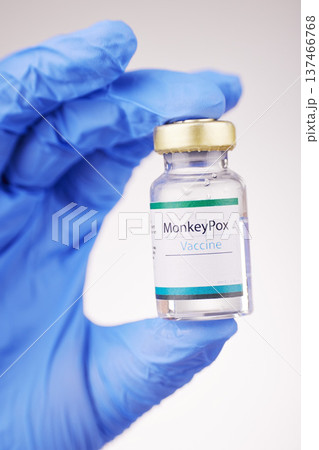 Health, doctor and vaccine in hand, bottle with closeup and safety from monkey pox on white background. Person with glass container, immunity and liquid for healthcare, protect and medicine in studio Health, doctor and vaccine in hand, bottle with closeup and safety from monkey pox on white background. Person with glass container, immunity and liquid for healthcare, protect and medicine in studio 137466768