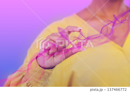 Hand, vaporwave and 3D with a user closeup on a purple background in studio to access the metaverse. AI, future and overlay with a person touching neon smoke on a holographic dashboard for innovation 137466772