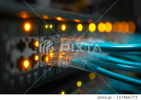 Network cables are plugged into a switch panel in a data center. Lights show data transfer activity. The setting is busy with multiple connections happening. 137466773