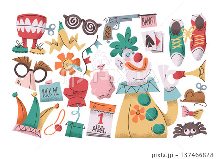 April Fools Day stickers with funny humorous clown character and classic prank related symbols 137466828