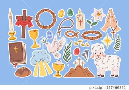 Spiritual and religious Easter stickers set with cross, tomb, lilies and Christian biblical elements Spiritual and religious Easter stickers set with cross, tomb, lilies and Christian biblical elements 137466832