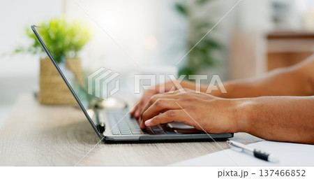 Typing, search and laptop with hands of man in home office for freelancer, remote work and email. Technology, internet and keyboard with male browsing online for communication, information and report 137466852