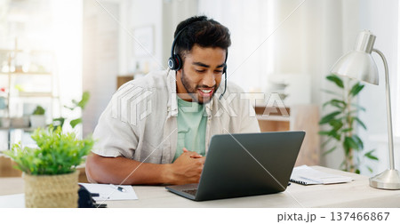 Consulting, remote work and call center worker with a laptop for online advice and conversation. Contact us, explaining and man speaking for customer service, support and telemarketing on a computer Consulting, remote work and call center worker with a laptop for online advice and conversation. Contact us, explaining and man speaking for customer service, support and telemarketing on a computer 137466867