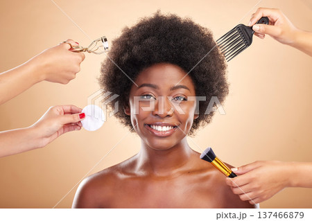 Beauty, tools and portrait of black woman in studio for skincare, haircare and cosmetics. Smile, afro care and happy African model with skin glow, comb and makeup brush on beige background with hands 137466879