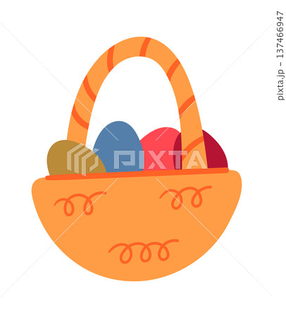 Wicker basket with Easter eggs Wicker basket with Easter eggs 137466947