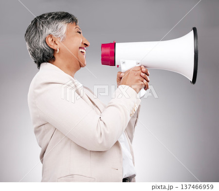 Business woman, megaphone and voice of news, broadcast or sale and announcement on a white background. Mature person, leader or happy speaker in noise, call to action and attention or deal in studio Business woman, megaphone and voice of news, broadcast or sale and announcement on a white background. Mature person, leader or happy speaker in noise, call to action and attention or deal in studio 137466959