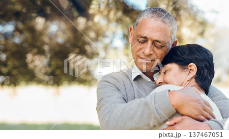 Senior people hug, love and support outdoor, trust with bonding and marriage with mockup space. Life partner, retirement together and romance, couple in park with healthy relationship and peace Senior people hug, love and support outdoor, trust with bonding and marriage with mockup space. Life partner, retirement together and romance, couple in park with healthy relationship and peace 137467051