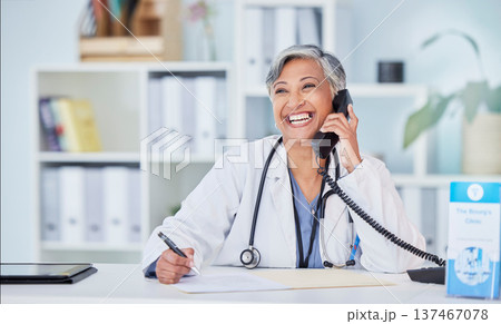 Doctor, senior woman in office and phone call, telehealth and happy writing with health insurance and paperwork. Healthcare, wellness and communication, documents and information with compliance 137467078