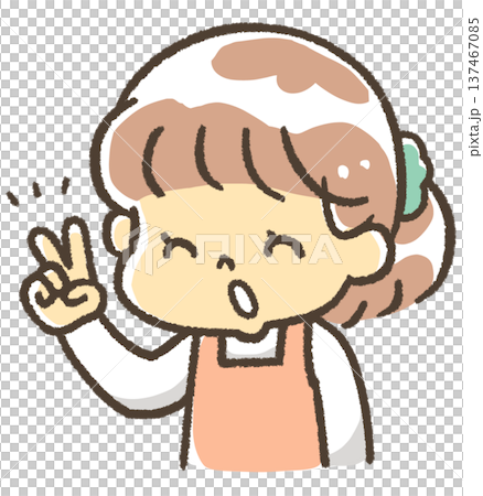 ピースをするエプロン姿の女性 137467085