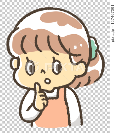 一位身穿圍裙的女子做出「shi」手勢 一位身穿圍裙的女子做出「shi」手勢 137467091