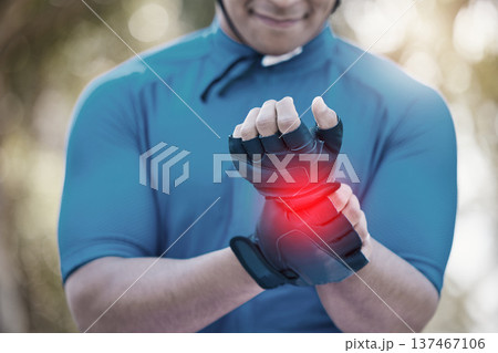 Man, cycling or hand on wrist pain, joint injury or emergency in training, workout or fitness exercise. Injured cyclist, accident or closeup of hurt athlete with problem in race or activity in nature 137467106