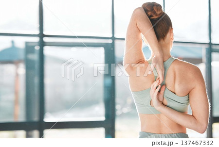 Fitness, back woman stretching arms, spine or ready to start gymnastics performance in training. Sports athlete, wellness or flexible gymnast in warm up for workout, practice or exercise in Texas 137467332