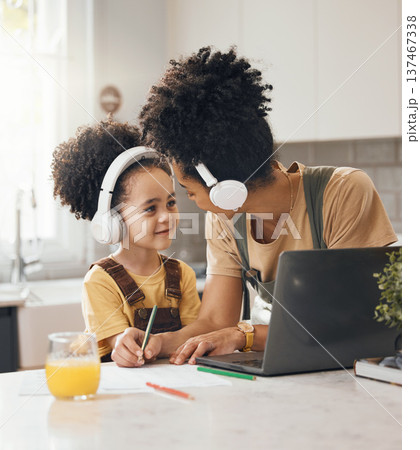 Online education, mom and child in home school with love, headphones and laptop for virtual class. Computer, mother and happy boy working together for elearning, help with writing and kid with smile. Online education, mom and child in home school with love, headphones and laptop for virtual class. Computer, mother and happy boy working together for elearning, help with writing and kid with smile. 137467338