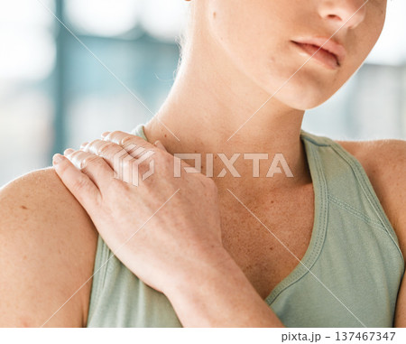 Fitness, shoulder pain or girl gymnast with injury after exercise, training or workout accident emergency. Hand closeup, sports athlete or injured woman with broken bone inflammation in gymnastics 137467347