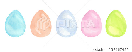 Bright watercolor Easter eggs with delicate illustrations on a white background. Perfect for print design, websites, themed menus, or family dinner invitations. 137467433