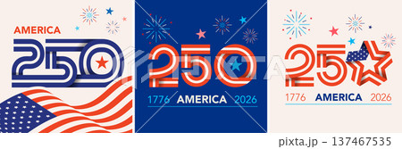 Set of United States of America 250th anniversary celebration posters and banners. Happy 4th of July 137467535