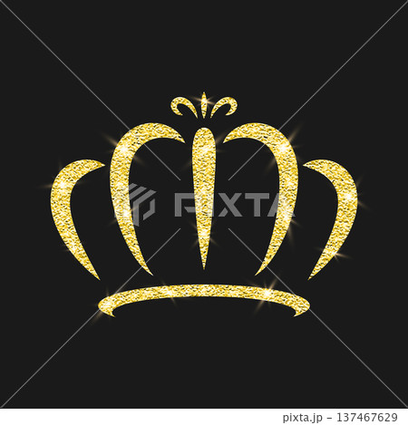 Vector Shining Gold Glitter Crown Icon. Royal Tiara. Luxury Sparkle Crown Emblem on Black. Gold Glitter Crown Icon for Queen and King. Gold Glitter Crown Clipart, Luxury Tiara Logo, Sparkling Jewel 137467629