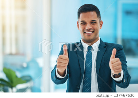 Thumbs up, portrait and business man with success, winning and achievement in office. Happy corporate worker with thumb sign for ok review, like emoji and feedback to vote yes in agreement of support Thumbs up, portrait and business man with success, winning and achievement in office. Happy corporate worker with thumb sign for ok review, like emoji and feedback to vote yes in agreement of support 137467630