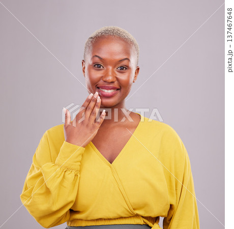 Smile, hand and portrait of a black woman on a studio background for a surprise, gesture or showing. Happy, fashion and an African person or girl with nails for a manicure isolated on a backdrop 137467648
