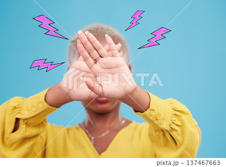 Hands, lightning graphic and a woman on a blue background for stop or rejection. Block, no and person with a gesture and technology abstract, anger or frustrated at internet speed or connection 137467663