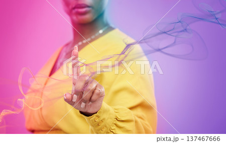 Woman hands, press and screen or hologram for biometric information, network and information technology on neon background. Person or worker fingerprint, creative overlay and internet speed in studio Woman hands, press and screen or hologram for biometric information, network and information technology on neon background. Person or worker fingerprint, creative overlay and internet speed in studio 137467666