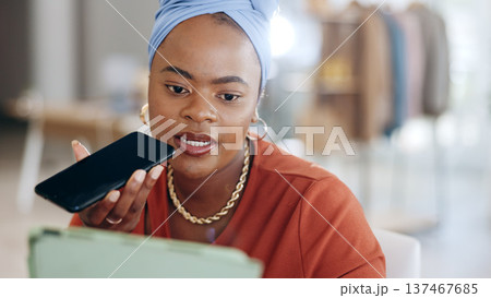 Woman, designer and fashion with phone call, tablet or sketch with notes, fabric and clothes. African tailor, black business owner and recording idea on smartphone, digital touchscreen or negotiation 137467685