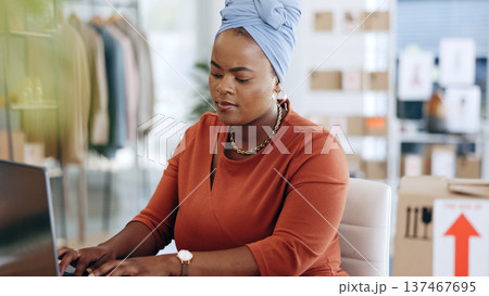 Laptop, ecommerce or black woman typing, reading and search export product, store sales delivery or retail distribution info. Logistics, shipping service or entrepreneur working on supply chain order Laptop, ecommerce or black woman typing, reading and search export product, store sales delivery or retail distribution info. Logistics, shipping service or entrepreneur working on supply chain order 137467695