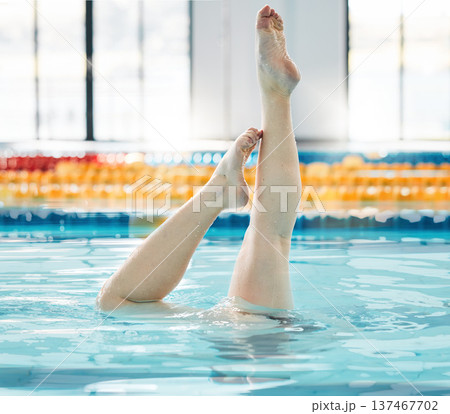 Swimming, athlete and legs upside down, ballet exercise and training for healthy body wellness. Pool, feet and person in synchronized workout, sport art and dance performance for fitness underwater 137467702