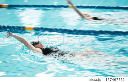 Sports, swimmer or people training in swimming pool for a race competition, exercise or cardio workout. Women, backstroke or athletes with energy or speed in fitness practice challenge for wellness Sports, swimmer or people training in swimming pool for a race competition, exercise or cardio workout. Women, backstroke or athletes with energy or speed in fitness practice challenge for wellness 137467731