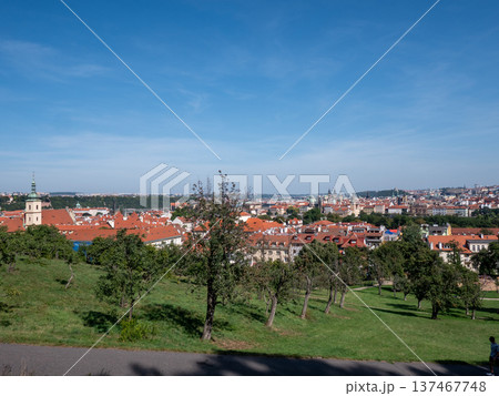 Scenic overview of Prague, Czech Republic, from the slopes of Petrin Hill Gardens 137467748