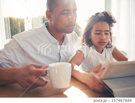 Child, father and family on tablet for online learning, home education and knowledge or support at home. Kid and dad teaching, helping and reading or watch video with elearning or digital technology Child, father and family on tablet for online learning, home education and knowledge or support at home. Kid and dad teaching, helping and reading or watch video with elearning or digital technology 137467889