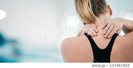 Sports injury, neck pain and space with woman at swimming pool for fitness, training and health. First aid, emergency and accident with person and problem for muscle ache, inflammation and mockup 137467893