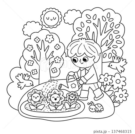 Spring garden black and white illustration with boy watering flower on flowery meadow. Vector country line house, farm concept. Kid doing gardening work icon. Child clipart, coloring page Spring garden black and white illustration with boy watering flower on flowery meadow. Vector country line house, farm concept. Kid doing gardening work icon. Child clipart, coloring page 137468315