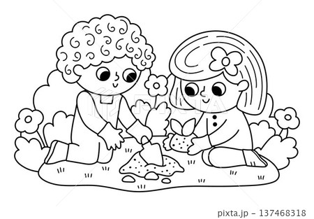 Spring garden black and white illustration with boy and girl planting seed. Vector country house, farm concept. Line kid doing gardening work icon. Child clipart, coloring page 137468318