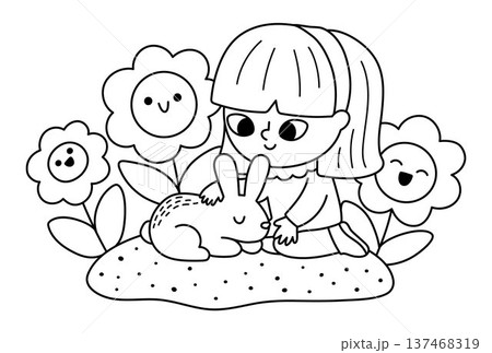 Spring garden black and white illustration with girl caressing rabbit on the clearing with smiling flowers. Vector country house, farm concept. Cute line kid icon. Child clipart, coloring page Spring garden black and white illustration with girl caressing rabbit on the clearing with smiling flowers. Vector country house, farm concept. Cute line kid icon. Child clipart, coloring page 137468319