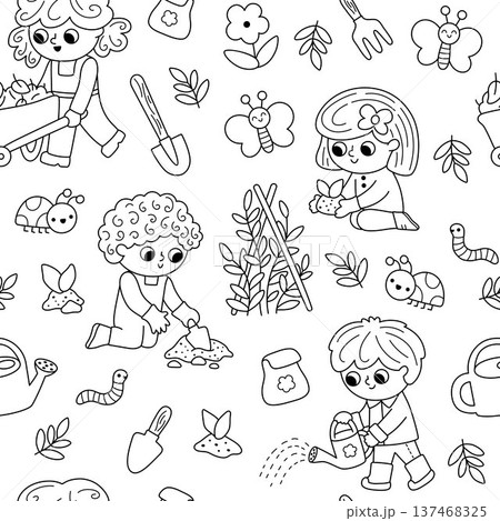 Vector black and white garden seamless pattern. Cute line farm repeat background with kids doing gardening work, growing plants. Nature digital paper, coloring page with children 137468325