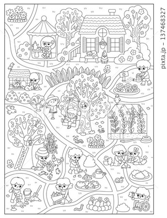 Vector spring garden background. Cute black and white farm landscape map with kids doing gardening works, country house, fence, greenhouse, tree. Nature line scene, coloring page with path, road Vector spring garden background. Cute black and white farm landscape map with kids doing gardening works, country house, fence, greenhouse, tree. Nature line scene, coloring page with path, road 137468327
