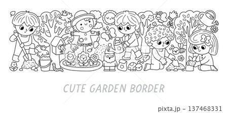 Vector black and white garden horizontal border set with children doing gardening works. Card template design, coloring page. Spring line illustration with kids raking, watering plants 137468331