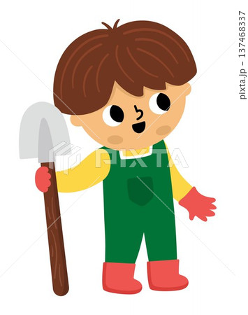 Vector boy standing with spade and looking up. Cute kid gardener clipart. Funny child doing gardening works, raking leaves. Nature illustrations with children. Spring or summer country icon 137468337