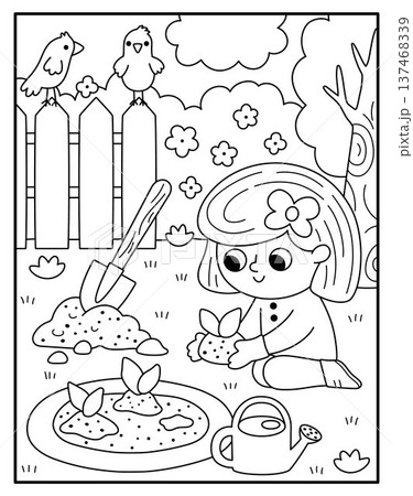 Spring garden black and white vertical scene with girl planting a seed. Vector country house, farm landscape. Rural line nature background illustration with kid doing gardening work 137468339