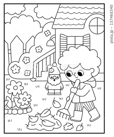 Spring garden black and white vertical landscape. Rural nature line scene with boy raking the fallen leaves. Vector country house, farm background illustration with kid doing gardening work 137468340